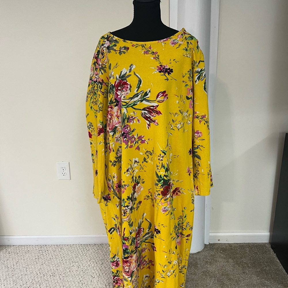 Romance Elegant Floral Linen Cotton Blend Long Sleeve Dress in Yellow
